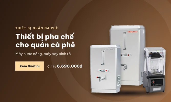 Thiết bị quán cà phê: máy nấu nước nóng BJY-WB80, bình đun nước BJY-WB23, máy xay sinh tố BJY-CB2SC-B Berjaya
