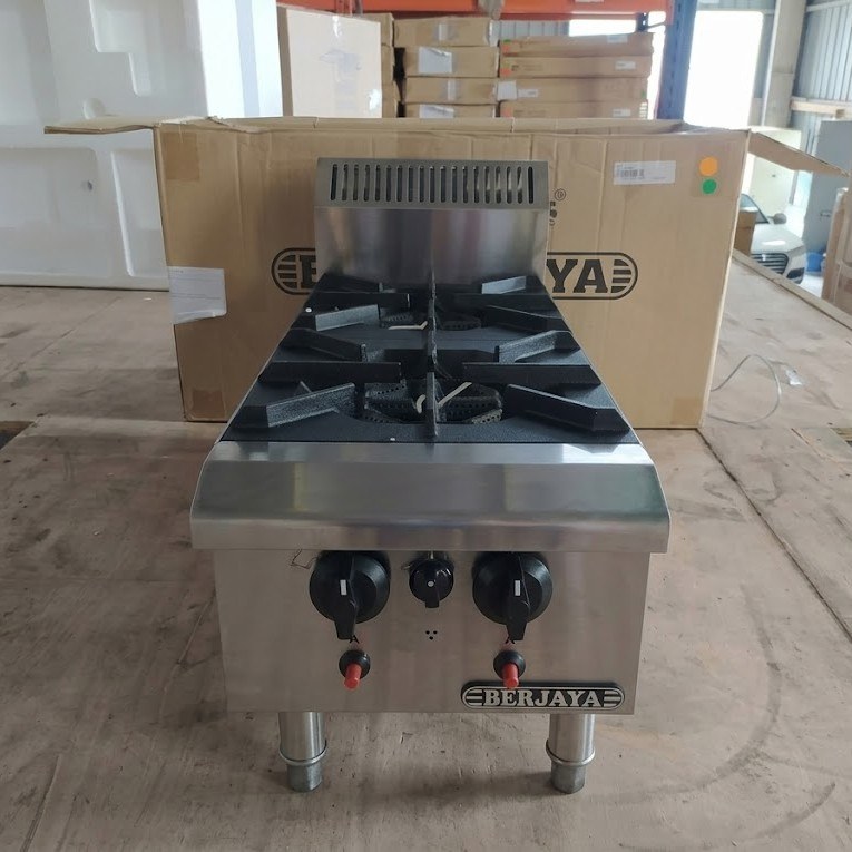 Bếp âu 2 họng dọc Berjaya OB2-17, chụp thực tế trong kho, bếp hai họng để bàn
