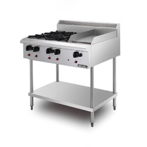 Bếp âu 4 họng có bếp chiên phẳng có chân đứng dùng gas Berjaya OB4GG1BFS-17, ảnh sản phẩm nền trắng