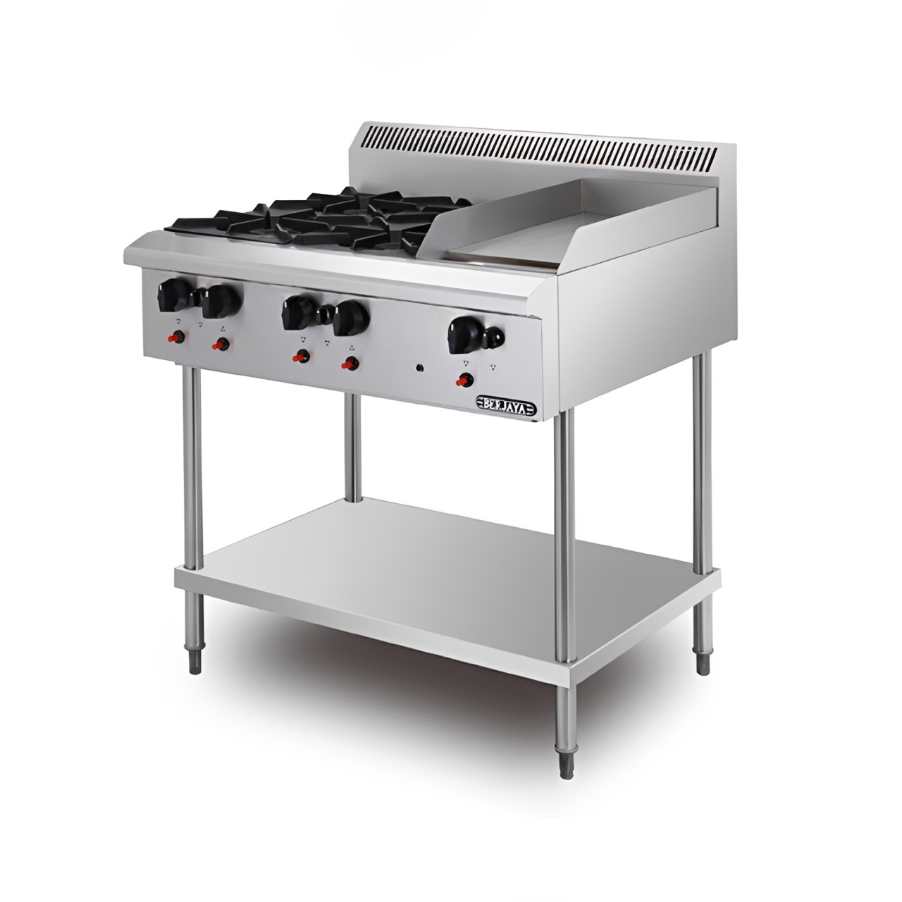 Bếp âu 4 họng có bếp chiên phẳng có chân đứng dùng gas Berjaya OB4GG1BFS-17, ảnh sản phẩm nền trắng