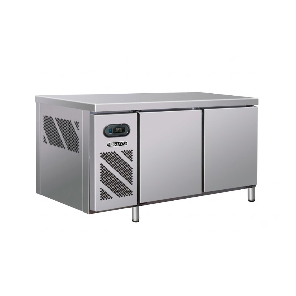 Bàn đông 2 cánh Berjaya Inverter BS2DF5-IV-Z – ảnh sản phẩm nền trắng, mặt bàn inox phẳng, hai cánh, máy nén bên trái