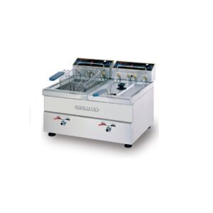 Bếp chiên nhúng đôi 18L Berjaya SDF12D – ảnh sản phẩm nền trắng, hai bồn chiên đặt cạnh nhau, giỏ chiên bên trái, hai van xả phía dưới