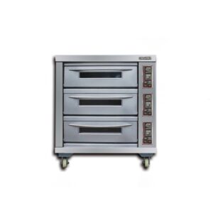 Lò nướng 3 tầng 6 khay Berjaya BJY-E20KW-3BDD – ảnh sản phẩm nền trắng, nhìn thẳng ba tầng cửa kính, bảng điều khiển bên phải, bánh xe phía dưới