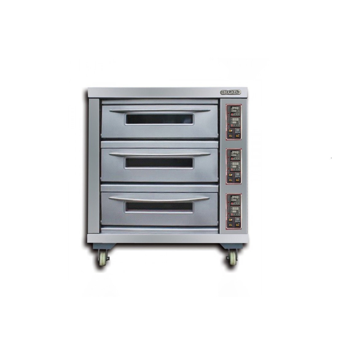 Lò nướng 3 tầng 6 khay Berjaya BJY-E20KW-3BDD – ảnh sản phẩm nền trắng, nhìn thẳng ba tầng cửa kính, bảng điều khiển bên phải, bánh xe phía dưới