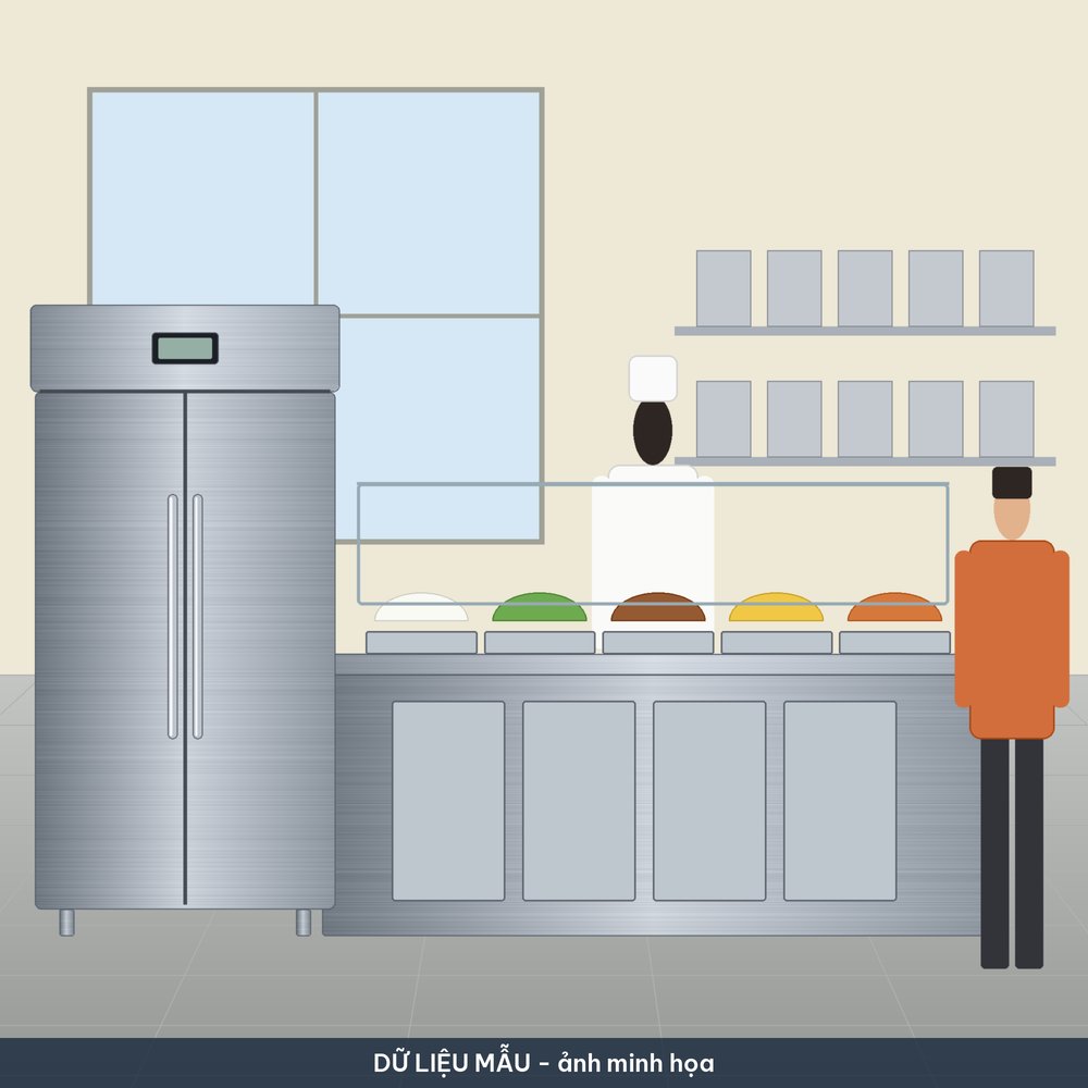 Bếp ăn tập thể với dãy quầy inox bày khay thức ăn, tủ đông hai cánh, người phục vụ và một người xếp hàng, hình vẽ minh họa