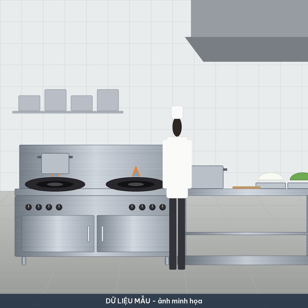 Gian bếp nhà hàng có bếp Á hai họng đang nhóm lửa, bàn inox đặt nồi và khay, đầu bếp đứng cạnh, hình vẽ minh họa