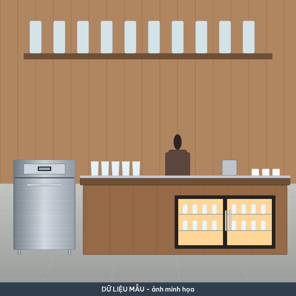 Quầy cafe có quầy gỗ, ly trên mặt quầy, tủ mát cánh kính dưới quầy, máy làm đá bên cạnh và nhân viên pha chế, hình vẽ minh họa