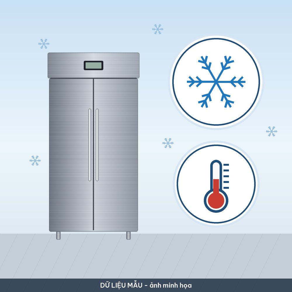Tủ đông công nghiệp inox hai cánh cạnh biểu tượng bông tuyết và nhiệt kế trên nền xanh nhạt, hình vẽ minh họa