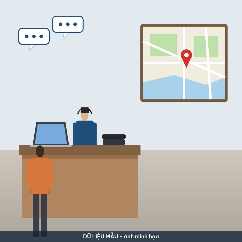 Bàn tư vấn có nhân viên đeo tai nghe, máy tính và điện thoại bàn, khách đứng trước bàn, bản đồ có ghim vị trí và hai khung hội thoại trên tường, hình vẽ minh họa